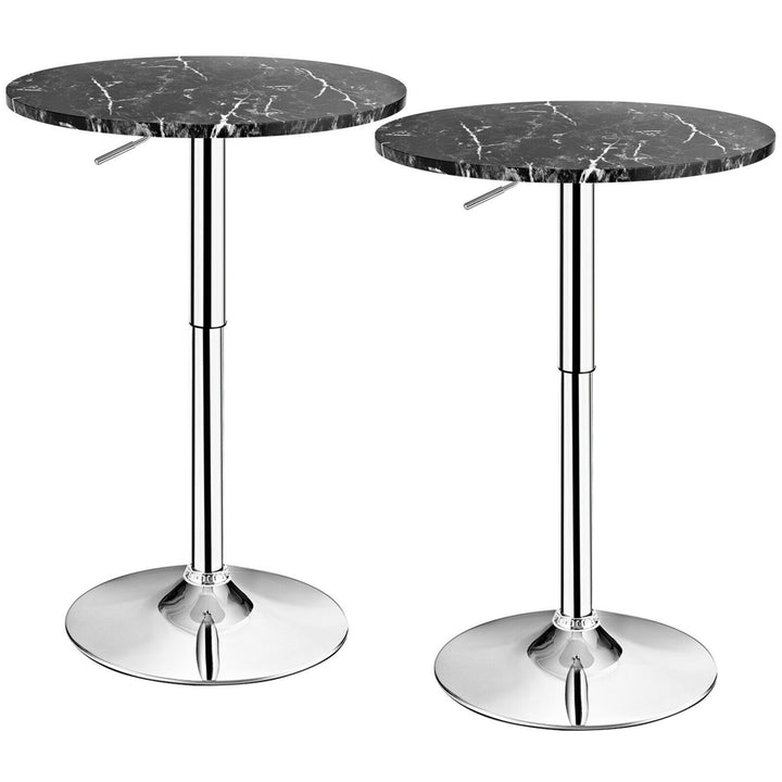 2PCS Round Pub Table Swivel Adjustable Bar Table w/Faux Marble Top Black Image 1