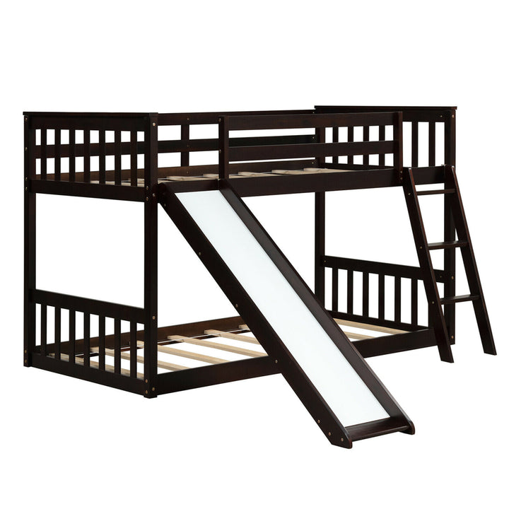 Twin over Twin Bunk Wooden Low Bed with Slide Ladder for Kids Image 1