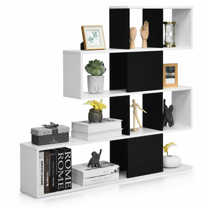 5-Tier Bookshelf Corner Ladder Bookcase Display Storage Rack Black White Image 1