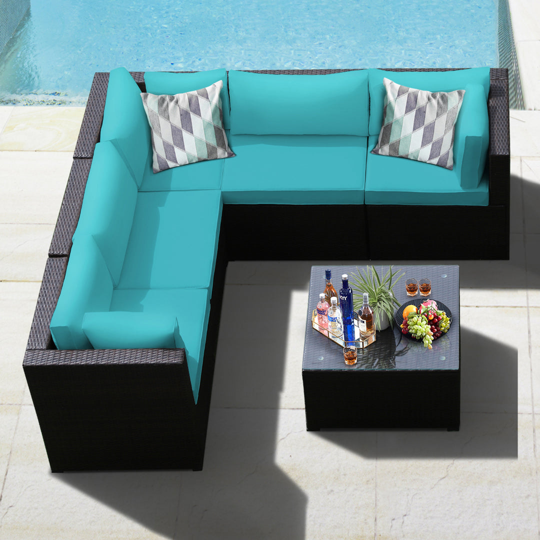 6PCS Rattan Patio Sectional Sofa Conversation Set Outdoor w/ Turquoise Cushions Image 1