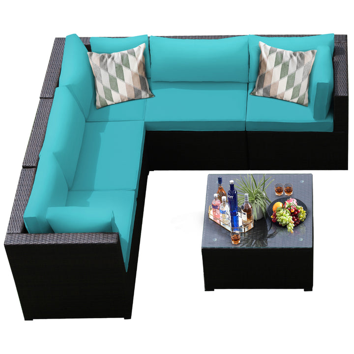 6PCS Rattan Patio Sectional Sofa Conversation Set Outdoor w/ Turquoise Cushions Image 4