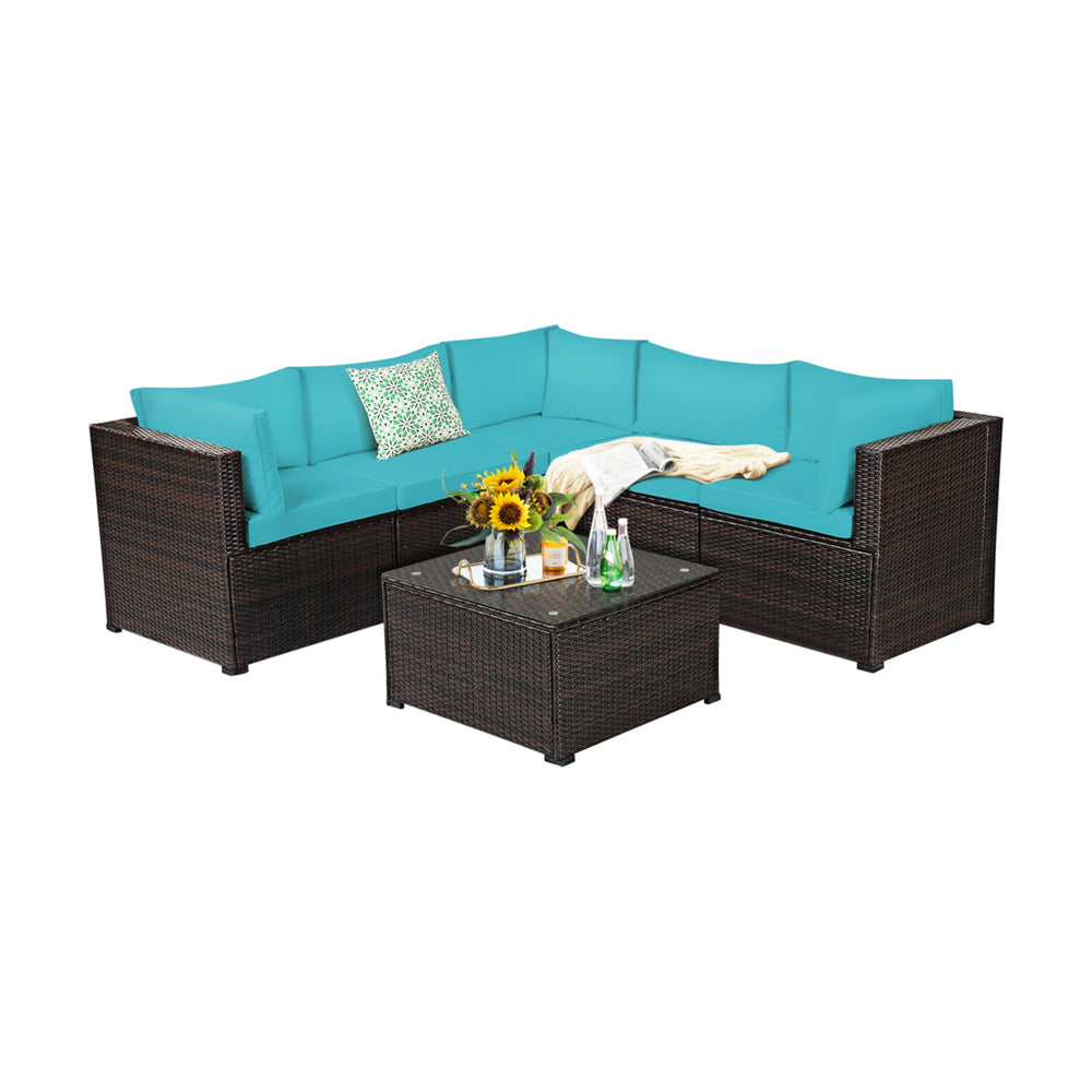 6PCS Rattan Patio Sectional Sofa Conversation Set Outdoor w/ Turquoise Cushions Image 2