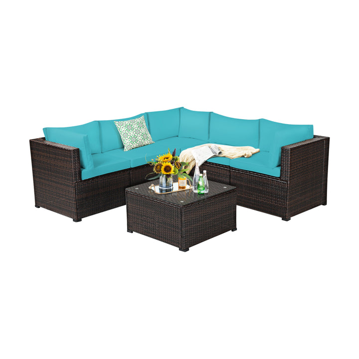 6PCS Rattan Patio Sectional Sofa Conversation Set Outdoor w/ Turquoise Cushions Image 2