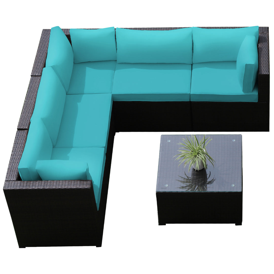 6PCS Rattan Patio Sectional Sofa Conversation Set Outdoor w/ Turquoise Cushions Image 6