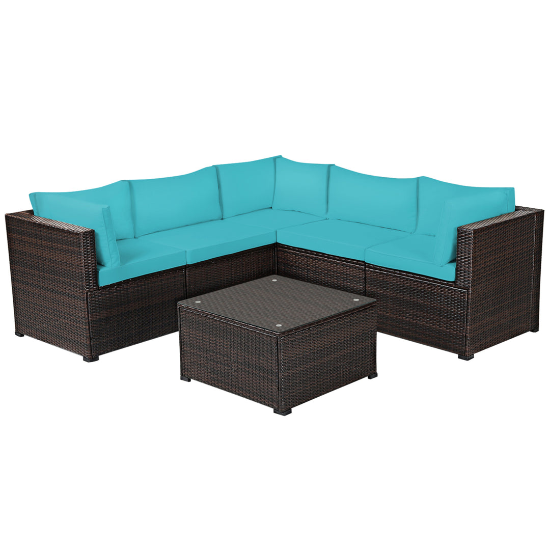 6PCS Rattan Patio Sectional Sofa Conversation Set Outdoor w/ Turquoise Cushions Image 7