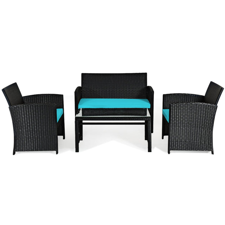 4PCS Rattan Outdoor Conversation Set Patio Furniture Set w/ Turquoise Cushions Image 2