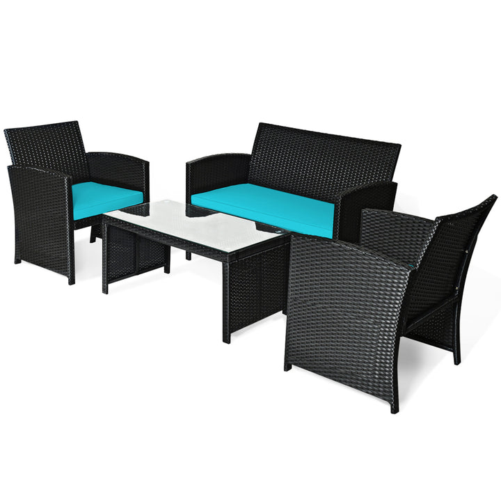 4PCS Rattan Outdoor Conversation Set Patio Furniture Set w/ Turquoise Cushions Image 10