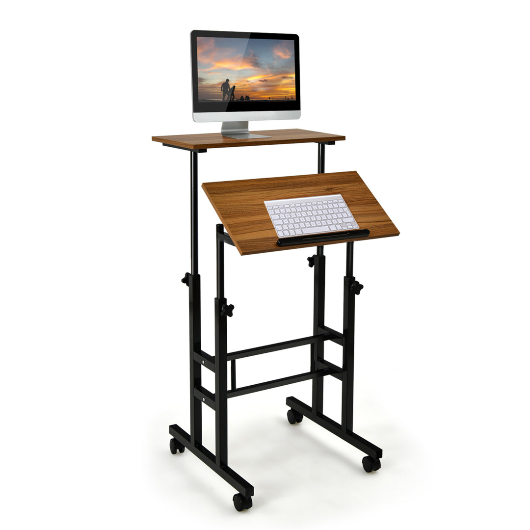 Costway Mobile Standing Desk Rolling Adjustable Laptop Cart Home Office Walnut/Natural/White Image 1