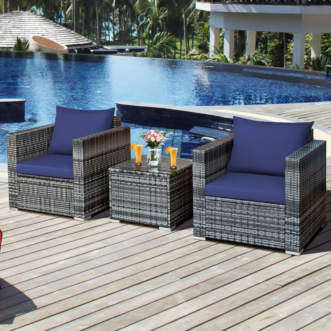 Costway 3 PC Patio Rattan Furniture Bistro Set Cushioned Sofa Chair Table White\Navy Image 1