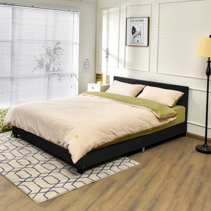 Costway Full Upholstered Platform Bed Frame with Linen/PU Headboard Wood Slat Gray/Black Image 1