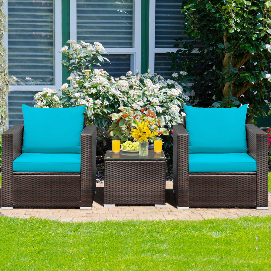 Costway 3PCS Patio Rattan Furniture Set Conversation Sofa Cushioned Turquoise\Red Image 1