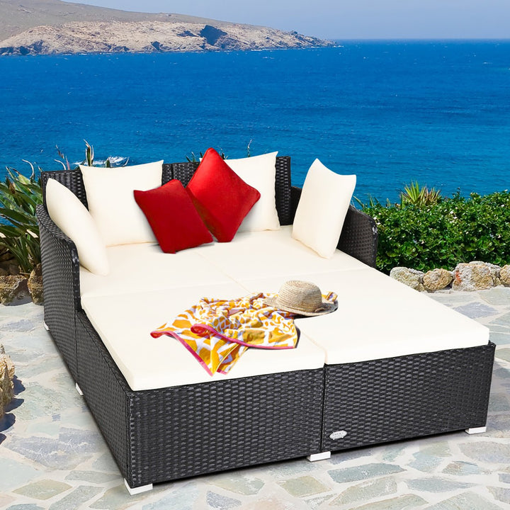 Costway Outdoor Patio Rattan Daybed Pillows Cushioned Sofa Furniture Biege\Turquoise\Red Image 1