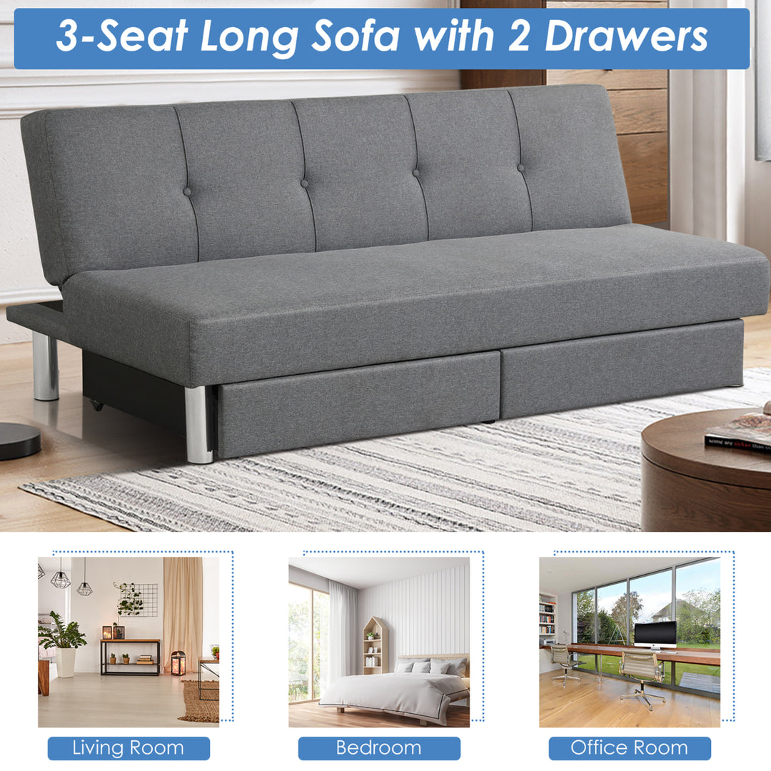 Convertible Futon Sofa Bed Adjustable Couch Sleeper w/ Two Drawers Grey Image 5