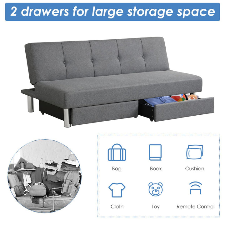 Convertible Futon Sofa Bed Adjustable Couch Sleeper w/ Two Drawers Grey Image 6