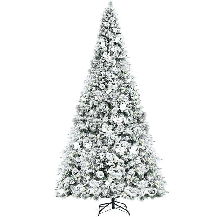 Costway 8ft Snow Flocked Hinged Christmas Tree w/ Berries and Poinsettia Flowers Image 1