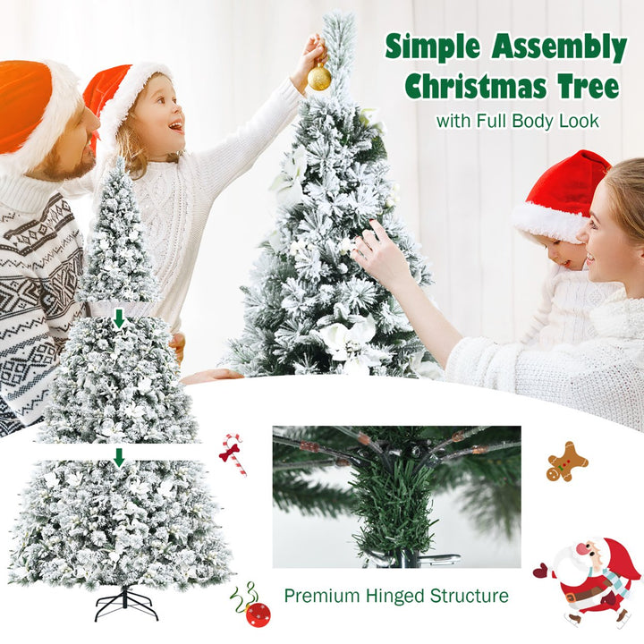 Costway 8ft Snow Flocked Hinged Christmas Tree w/ Berries and Poinsettia Flowers Image 7