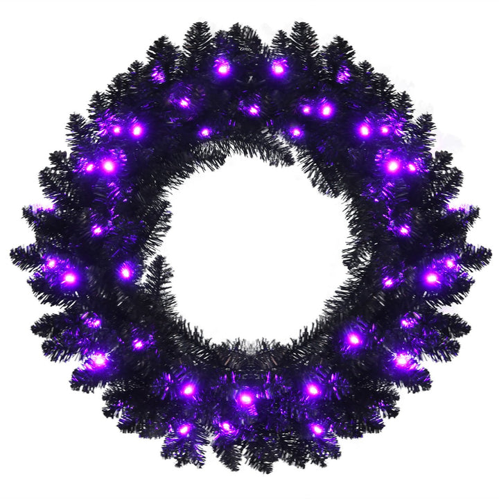 24inch Pre-lit Christmas Halloween Wreath Black w/ 35 Purple LED Lights Image 1