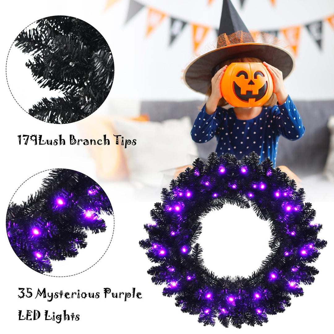 24inch Pre-lit Christmas Halloween Wreath Black w/ 35 Purple LED Lights Image 6