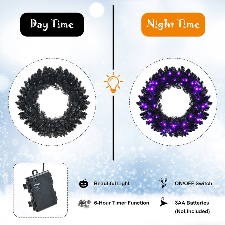 24inch Pre-lit Christmas Halloween Wreath Black w/ 35 Purple LED Lights Image 7