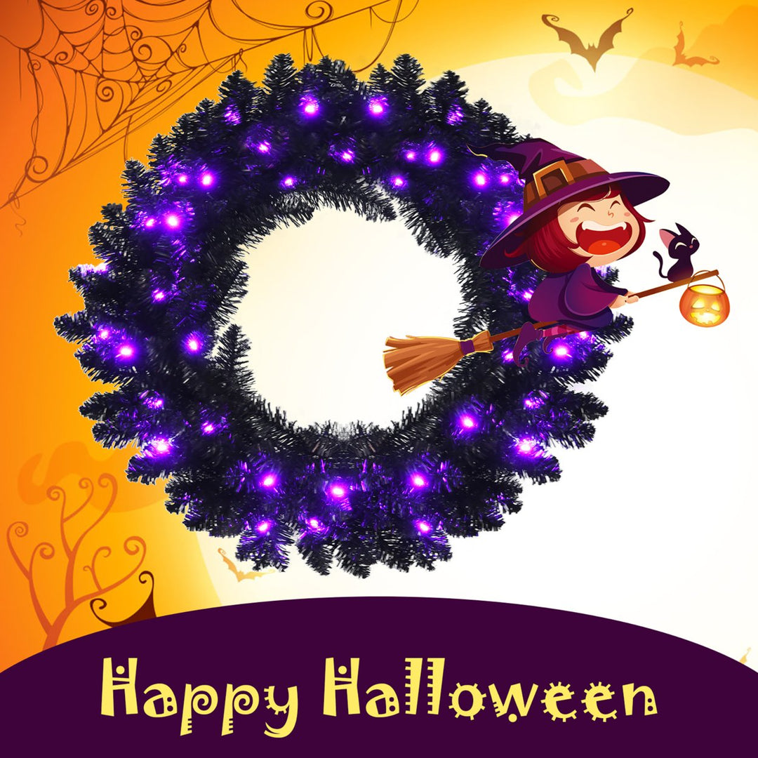 24inch Pre-lit Christmas Halloween Wreath Black w/ 35 Purple LED Lights Image 9