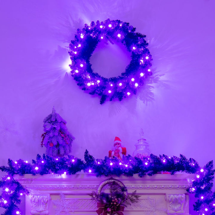 24inch Pre-lit Christmas Halloween Wreath Black w/ 35 Purple LED Lights Image 10