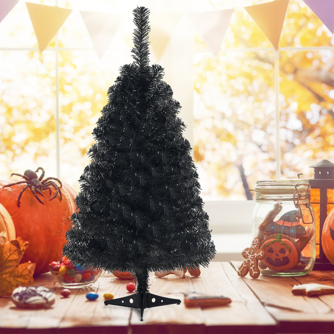 3ft Unlit Artificial Christmas Halloween Mini Tree Black w/Plastic Stand Image 4