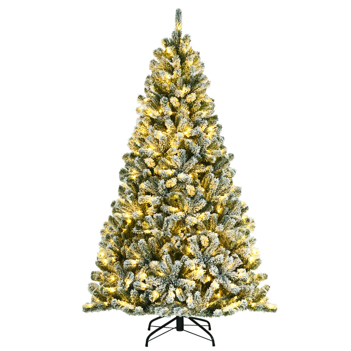 6ft Pre-lit Snow Flocked Hinged Christmas Tree w/ 928 Tips and Metal Stand Image 1