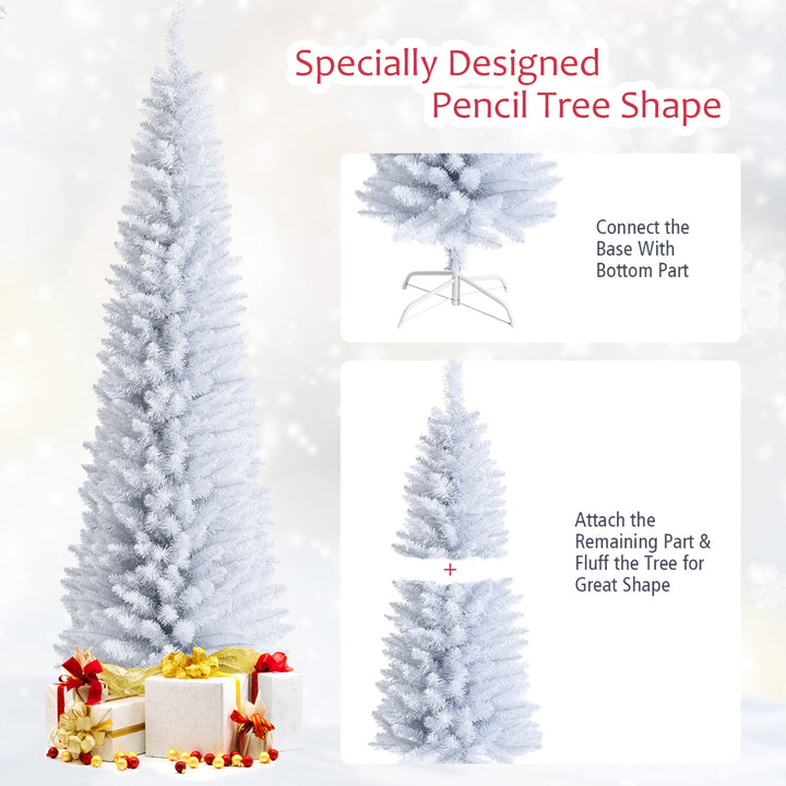 7ft Unlit Artificial Slim Christmas Pencil Tree w/ Metal Stand White Image 9