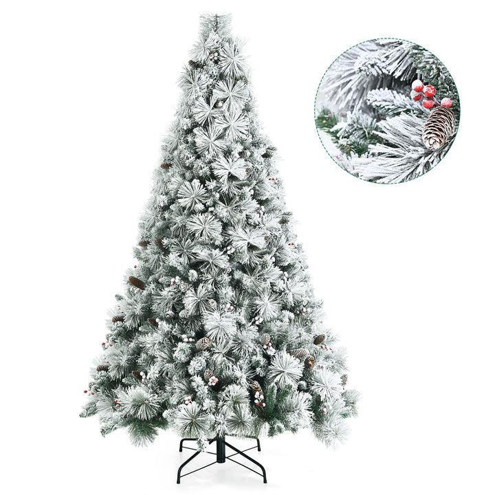 7ft Snow Flocked Christmas Tree Glitter Tips w/ Pine Cone and Red Berries Image 1