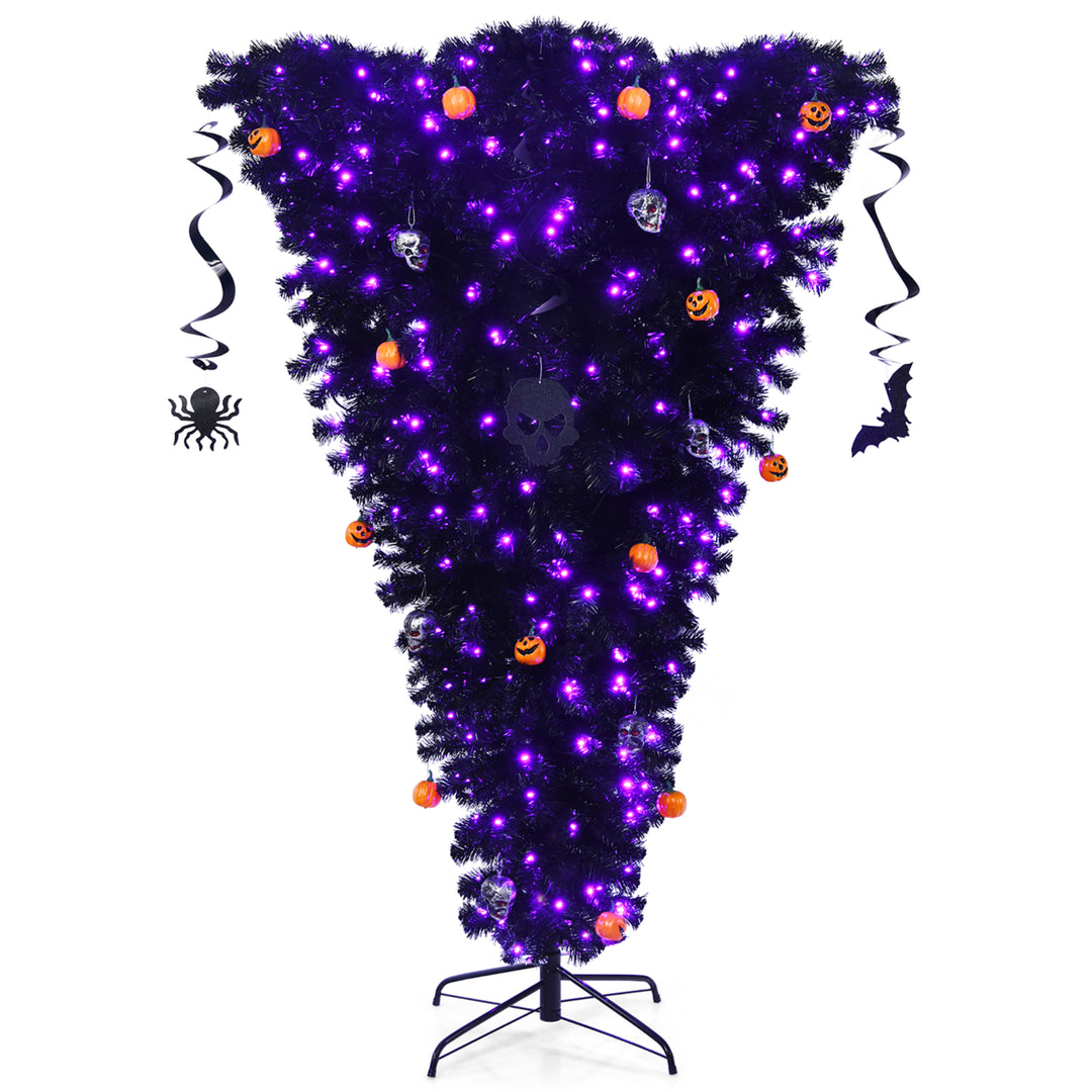 6ft Upside Down Christmas Halloween Tree Black w/270 Purple LED Lights Image 1