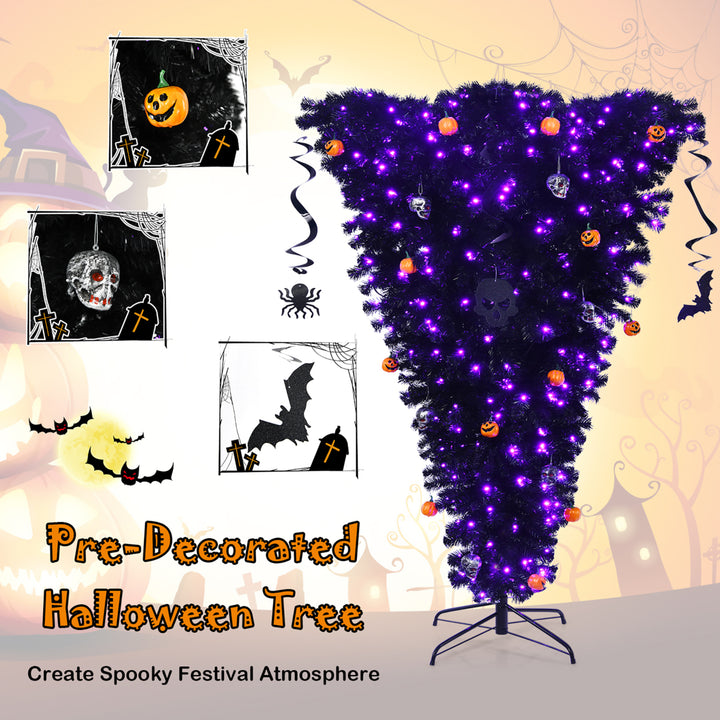 6ft Upside Down Christmas Halloween Tree Black w/270 Purple LED Lights Image 6