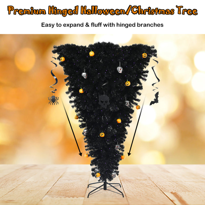 6ft Upside Down Christmas Halloween Tree Black w/270 Purple LED Lights Image 8