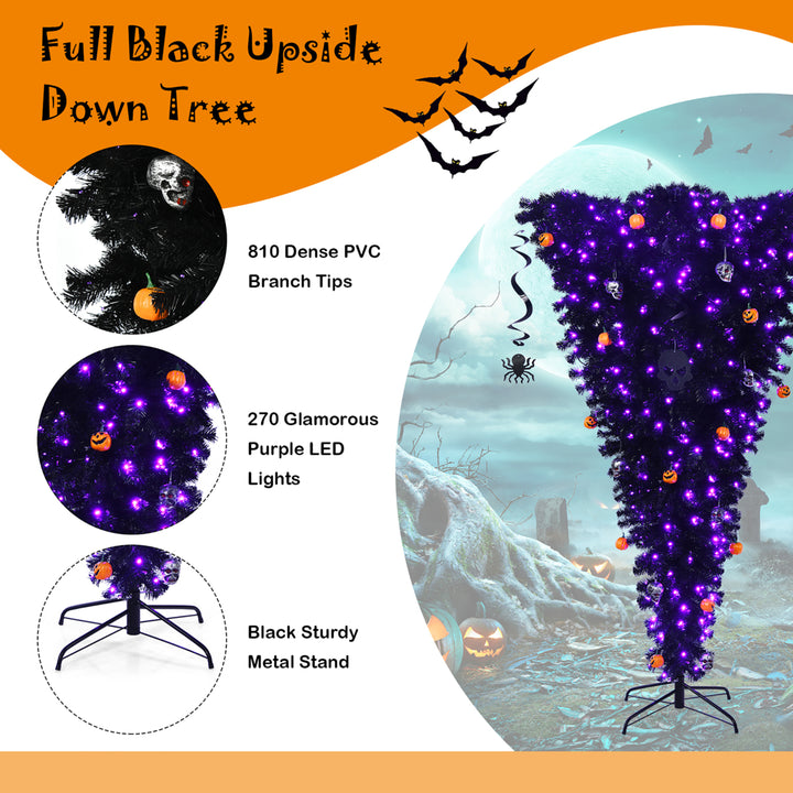 6ft Upside Down Christmas Halloween Tree Black w/270 Purple LED Lights Image 9