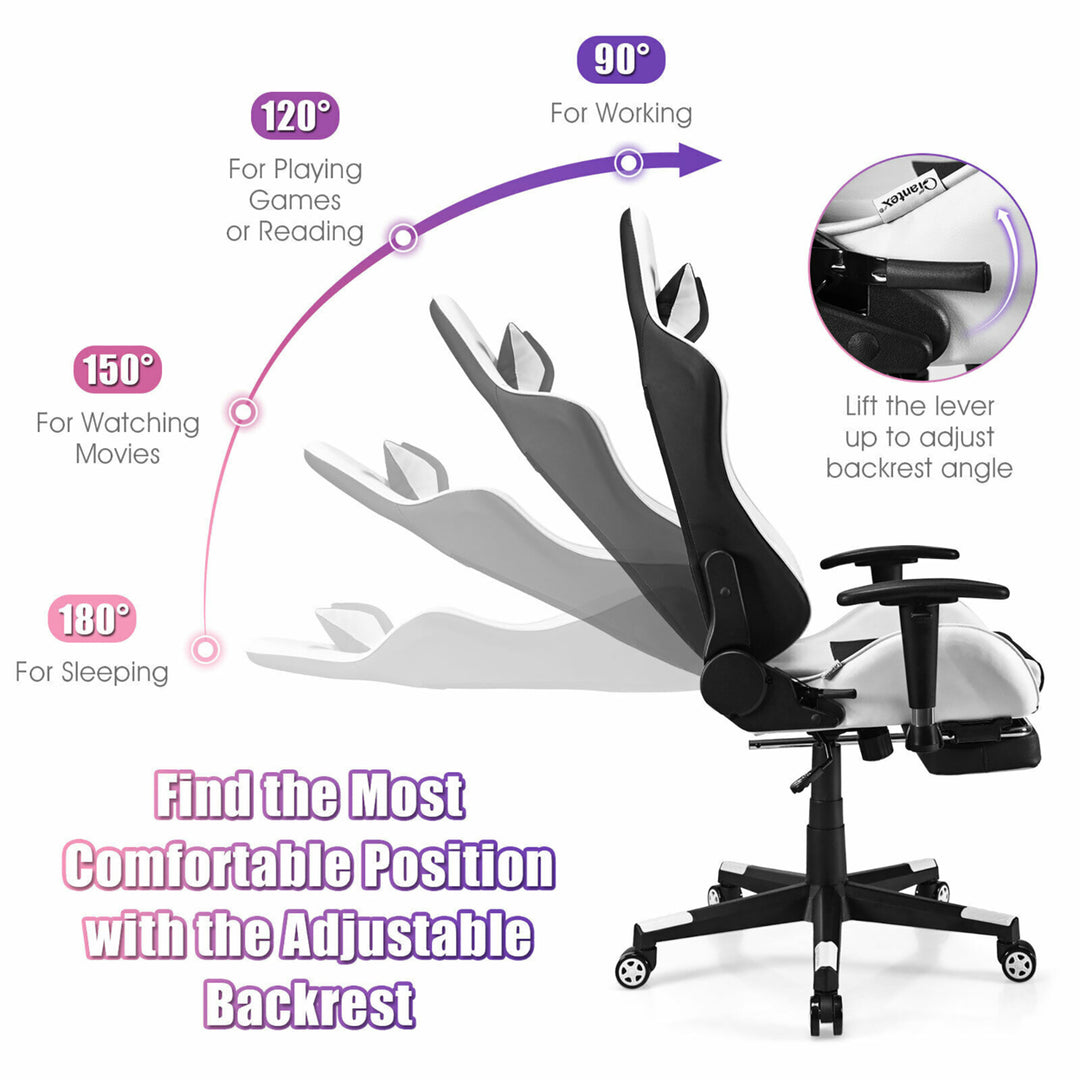 Massage Gaming Chair Reclining Racing Office Computer Chair with Footrest Whit Image 7