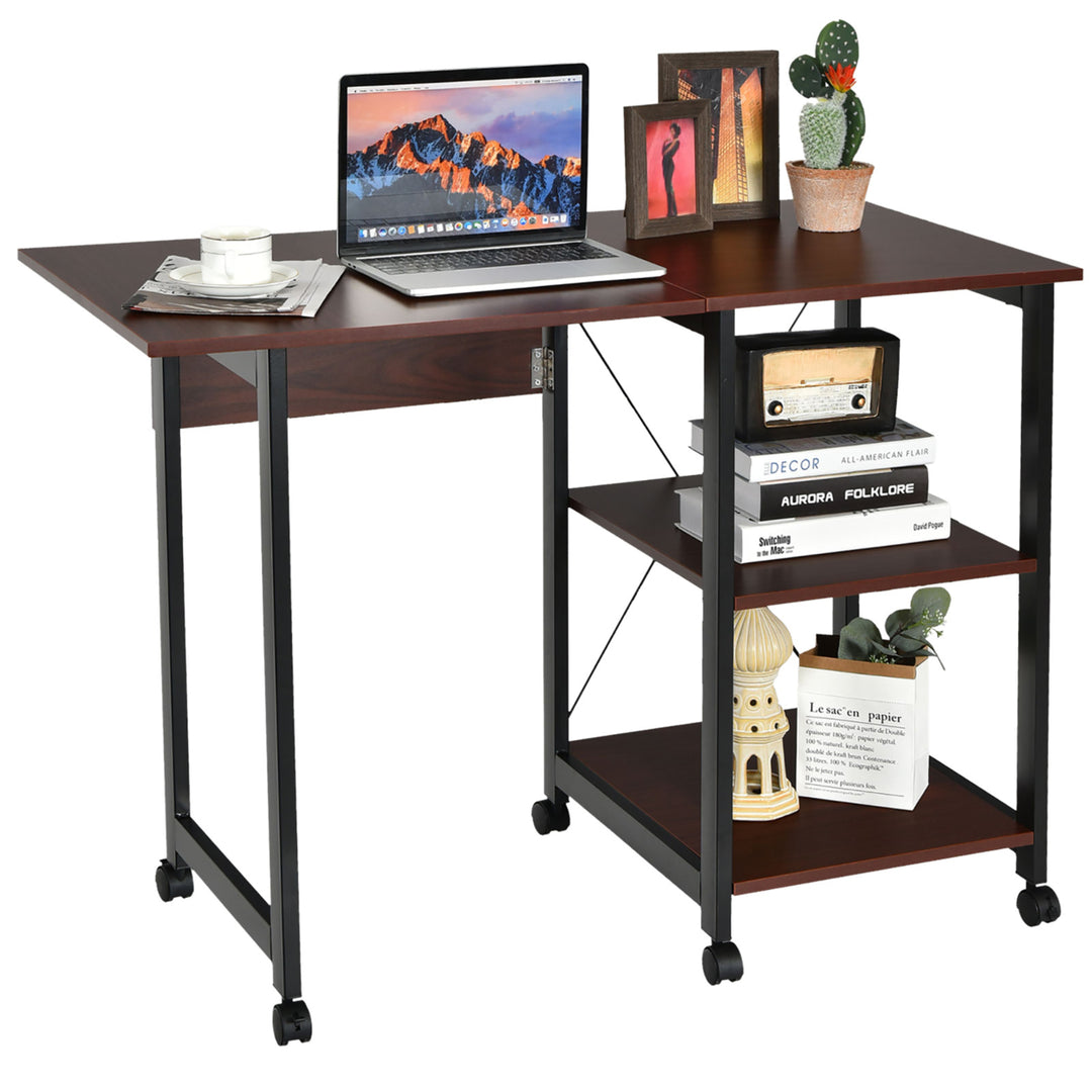 Rolling Computer Desk Folding Writing Office Desk w/ Storage Shelves Image 1