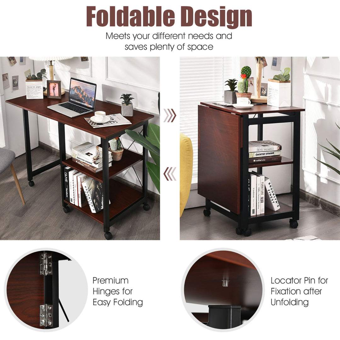 Rolling Computer Desk Folding Writing Office Desk w/ Storage Shelves Image 6