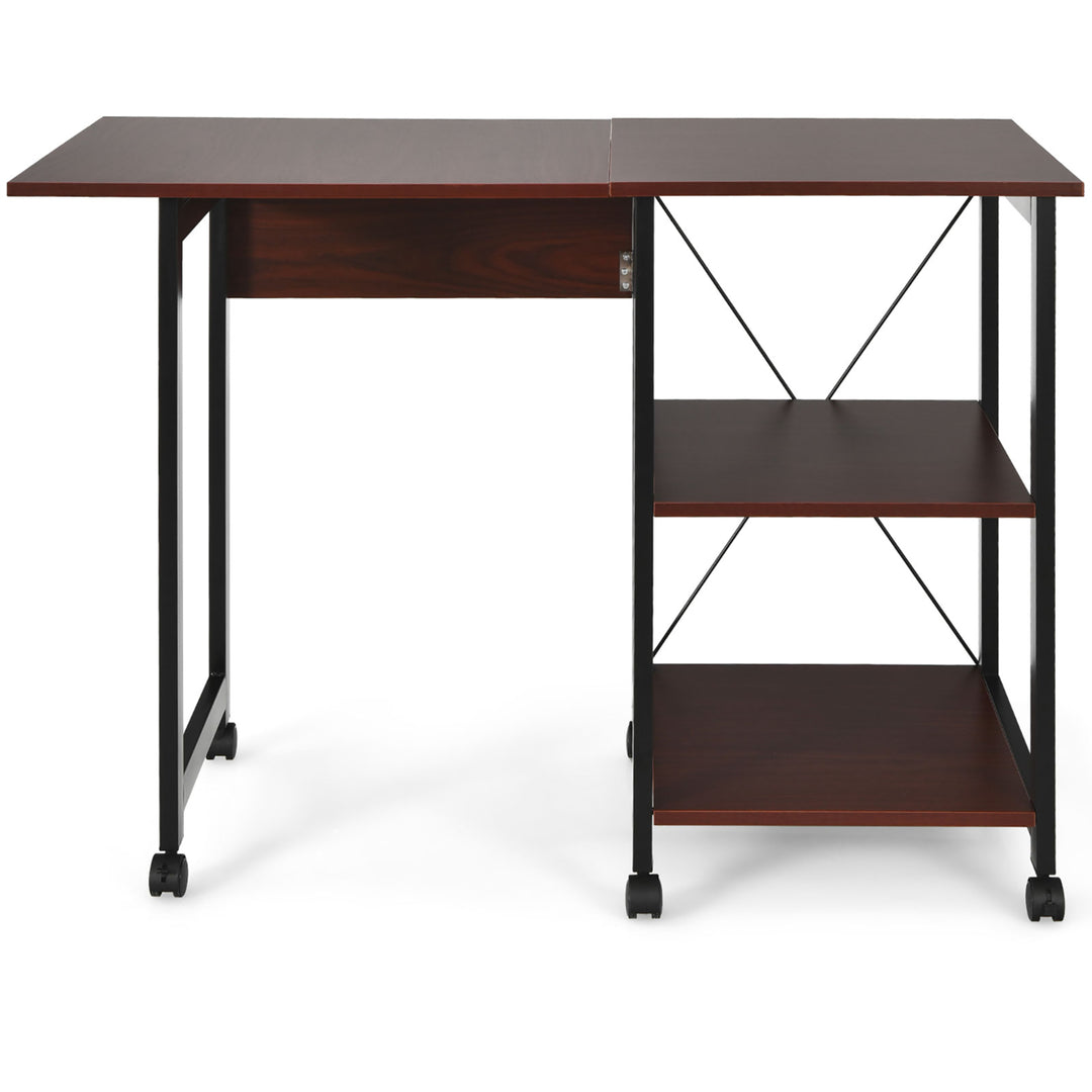 Rolling Computer Desk Folding Writing Office Desk w/ Storage Shelves Image 10