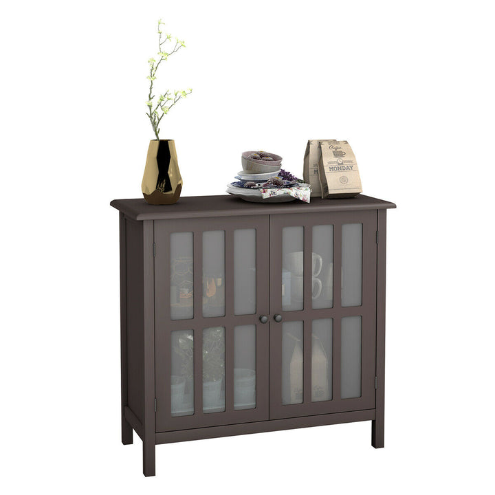 Storage Buffet Cabinet Glass Door Sideboard Console Table Server Display Brown Image 1