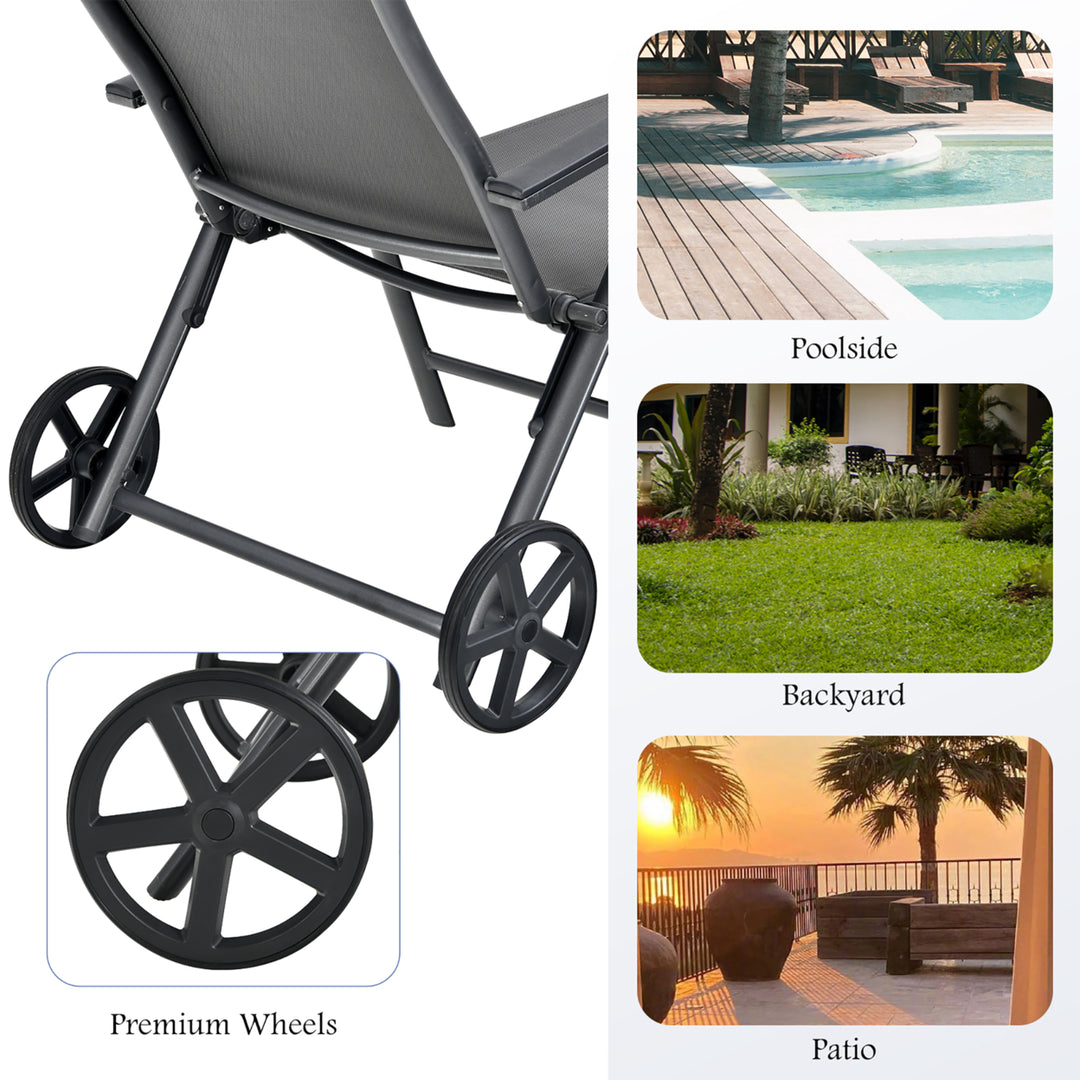 Patio Lounge Chair W/ Wheels Neck Pillow Aluminum Frame Adjustable Image 6