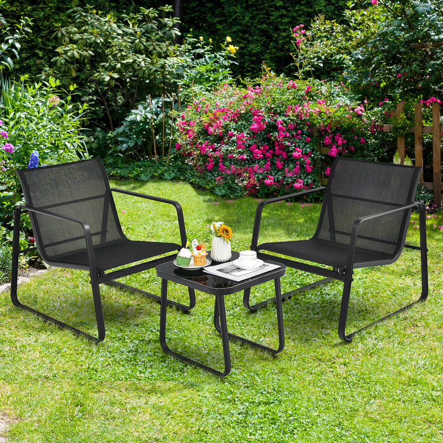 3PCS Patio Bistro Furniture Set Glass Top Table Garden Deck Black Image 1