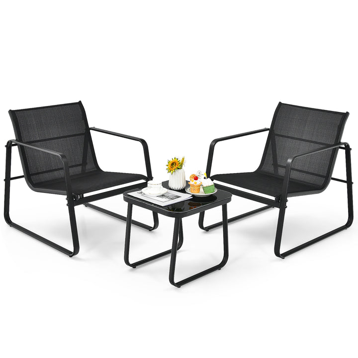 3PCS Patio Bistro Furniture Set Glass Top Table Garden Deck Black Image 4