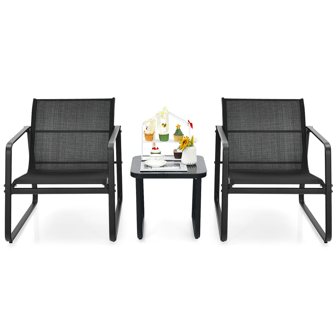 3PCS Patio Bistro Furniture Set Glass Top Table Garden Deck Black Image 9