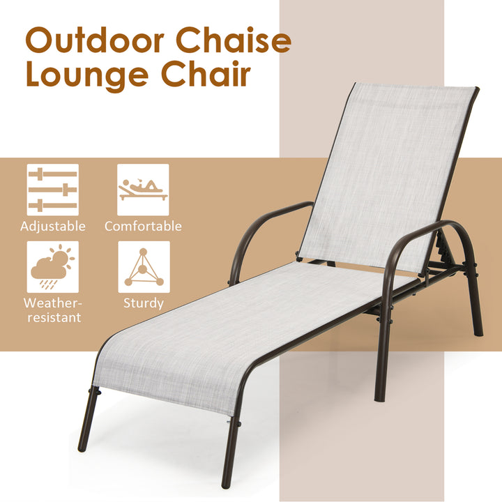 Outdoor Patio Lounge Chair Chaise Fabric Adjustable Reclining Armrest Pool Grey Image 5