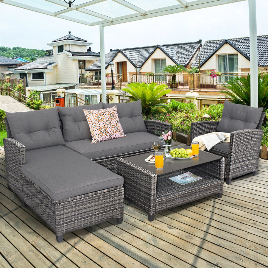 4PCS Patio Rattan Furniture Set Cushioned Loveseat Table Shelf Gray Image 1