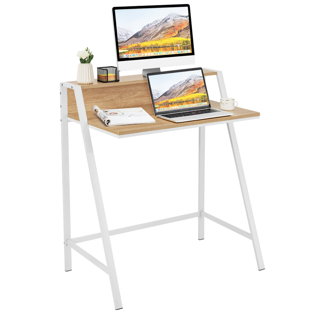 2 Tier Computer Desk PC Laptop Table Study Writing Home Office Natural Image 1