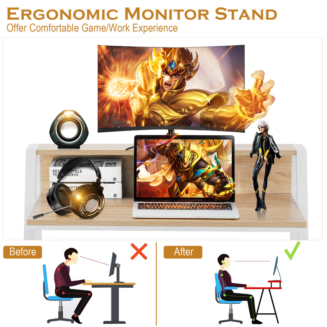 2 Tier Computer Desk PC Laptop Table Study Writing Home Office Natural Image 7