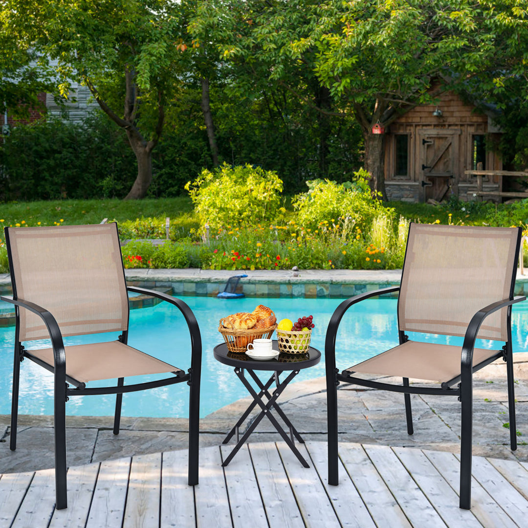 Set of 2 Patio Dining Chairs Stackable with Armrests Garden Deck Brown Image 1