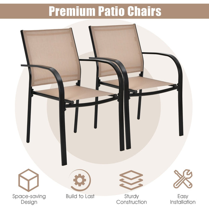 Set of 2 Patio Dining Chairs Stackable with Armrests Garden Deck Brown Image 5