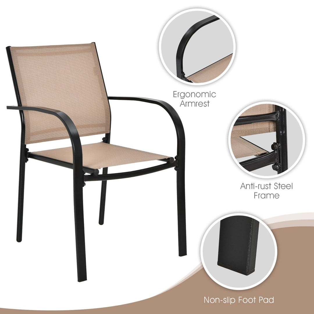 Set of 2 Patio Dining Chairs Stackable with Armrests Garden Deck Brown Image 6