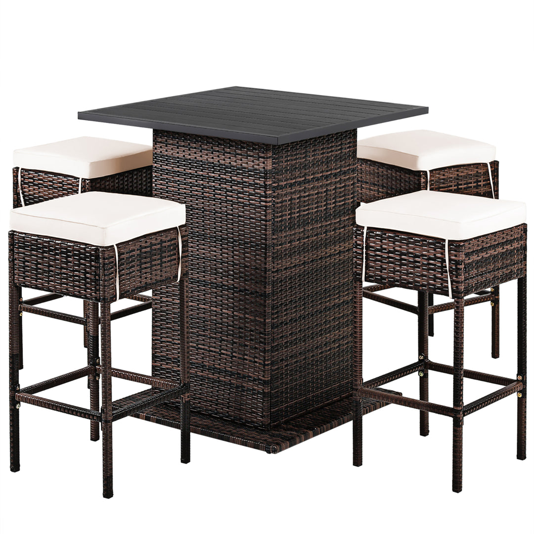 5PCS Patio Rattan Bar Table Stool Set Hidden Storage Shelf Cushioned Image 8